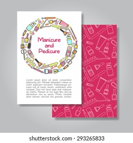 Two sides invitation card design with manicure and pedicure illustration background. Vector design template for card, letter, banner, flyer.