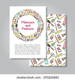 Two sides invitation card design with manicure and pedicure illustration background. Vector design template for card, letter, banner, flyer.