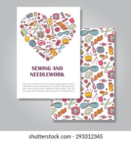 Two sides invitation card design with sewing and needlework illustration background. Vector design template for card, letter, banner, flyer. Can by used  to promote your products and services.