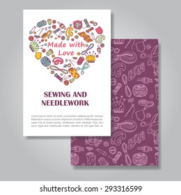 Two sides invitation card design with sewing and needlework illustration background. Vector design template for card, letter, banner, flyer. Can by used  to promote your products and services.