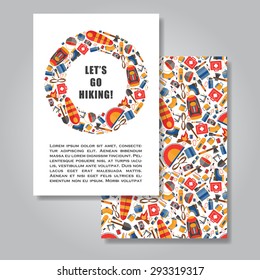 Two sides invitation card design with hiking and camping equipment illustration background. Vector design template for card, letter, banner, flyer. Can by used  to promote your products and services.
