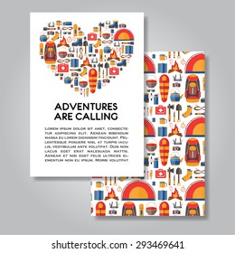 Two sides invitation card design with hiking and camping equipment illustration background. Vector design template for card, letter, banner, flyer.Can by used  to promote your products and services.