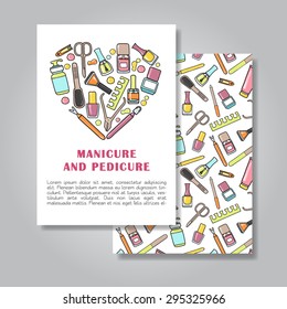 Two sides invitation card design with manicure and pedicure illustration background. Vector design template for card, letter, banner, flyer.
