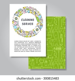 Two sides invitation card design with cleaning equipment illustration background. Vector design template for card, letter, banner, flyer. Can be used  to promote your products and services.