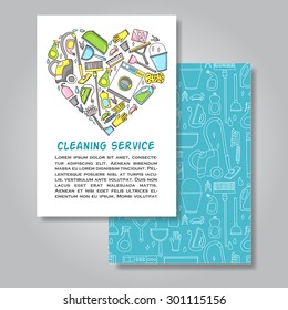 Two sides invitation card design with cleaning equipment illustration background. Vector design template for card, letter, banner, flyer.Can by used  to promote your products and services.