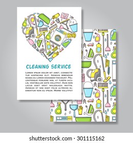 Two sides invitation card design with cleaning equipment illustration background. Vector design template for card, letter, banner, flyer.Can by used  to promote your products and services.