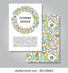 Two sides invitation card design with cleaning equipment illustration background. Vector design template for card, letter, banner, flyer.Can by used  to promote your products and services.