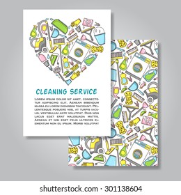 Two sides invitation card design with cleaning equipment illustration background. Vector design template for card, letter, banner, flyer.Can by used  to promote your products and services.
