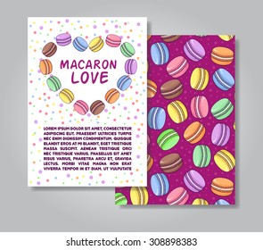 Two sides invitation card design with macaroon illustration and pattern background. Vector design template for card, letter, banner, flyer.Can by used  to promote your products and business.