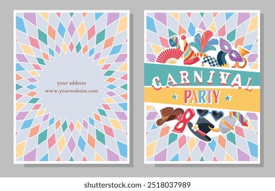 Convite de dois lados ou folheto para a festa de carnaval com elementos festivos coloridos. Design plano. Ilustração vetorial.