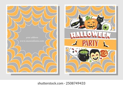 Two sides invitation or flyer for Halloween Party with funny festive elements. Flat design. Vector illustration.