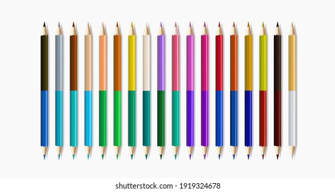 Two sides pencil set. 26 colors. Realistic colorful pencils isolated on white background.