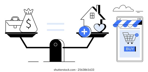 Two sides of a scale balanced with money on one side and a house with a heart on the other. A smartphone with a shopping cart icon symbolizes online buying. Ideal for personal finance, real estate