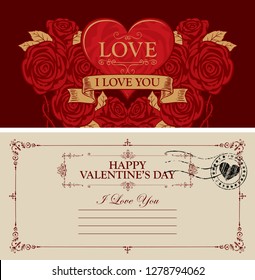 Two sides of a Valentine card or postcard with a red heart and roses. Romantic vector postcard in vintage style with place for text, calligraphic inscription I love you and words Happy Valentine's day