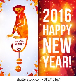 Two sides vertical flyer with geometric pattern Monkey. Vector illustration. Chinese astrological sign for New Year 2016.