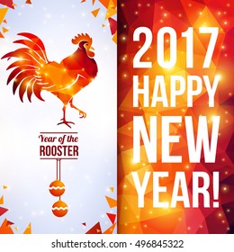 Two sides vertical flyer with geometric pattern and Rooster. Vector illustration. Chinese astrological sign. New Year 2017. Shining background made up from triangles.