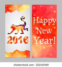 Two sides vertical flyer. Triangle Christmas pattern of monkey and background. Symbol of New Year 2016 - red monkey. For wallpaper, christmas banner, party brochure, greeting card, cover, fabric, etc