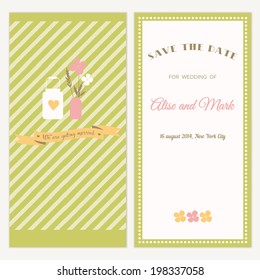 Two sides of the wedding invitation with flowers and ribbon