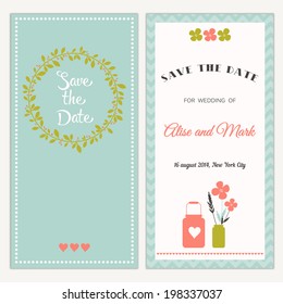 Two sides of the wedding invitation with  wreath and flowers in jar