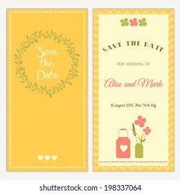 Two sides of the wedding invitation with  wreath and flowers in jar
