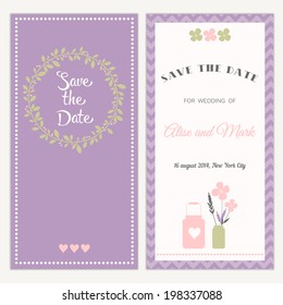 Two sides of the wedding invitation with  wreath and flowers in jar