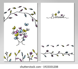 Two sides Womens day greeting card with hand drawn elements. Vector illustraion