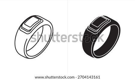 Two signet rings, one in black outline and one in solid black. Symbolizes elegance, style, and personal identity. Perfect for jewelry design and fashion illustration.