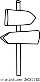 Dos signos unidos a un poste se representan en un estilo dibujado a mano con contornos audaces.  Un simple poste guía con indicadores direccionales ofrece ayuda para la navegación. Ilustración vectorial de dibujos animados