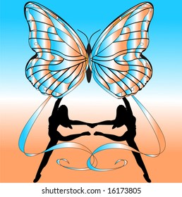 Two silhouette ballerinas dancing with a Butterfly on a matching background Vector