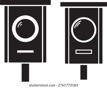 Two silhouette birdhouses on posts, simple graphic design. For birds. Wildlife.