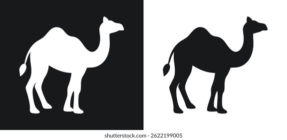 Two silhouette camel designs in black and white, showing desert animal illustration