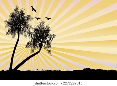 two silhouette of coconut trees with flowers and grass and a few birds flying in the sunset