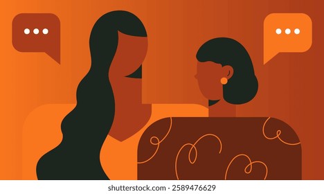 Two silhouette dark skinned face head in profile talk. Abstract minimal vector illustration of ethnic group of black African, African American beautiful women. Racial equality and emancipation concept