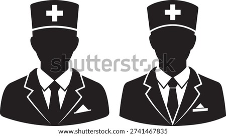 Two silhouette doctors icons in formal dress. Medical staff person, nurse, occupation, professional symbol.