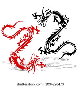 Two silhouette of a dragon (red and black) in a fight.Tattoo on a white background, vector