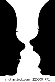 Two silhouette faces and head icons illusions. opposite silhouettes of children profiles, smiling and screaming shadow form. on black and white background