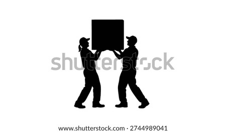 Two silhouette figures, likely movers, carry a large black box together.