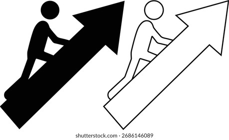 Two silhouette figures, one black and one outlined, climbing an upward-pointing arrow, symbolizing growth and progress, isolated on white background.