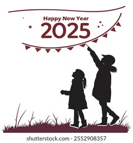 Two silhouette friend see in the sky  see HAPPY NEW YEAR 2025 white BG