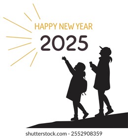 Two silhouette friend see in the sky  see HAPPY NEW YEAR 2025 white BG