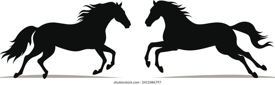 Two silhouette horses galloping side by side, black on white background. Equestrian elegance and dynamic motion vector illustration.