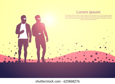 Two Silhouette Men Use Cell Smart Phone Standing Over Abstract Sunset Background Vector Illustration