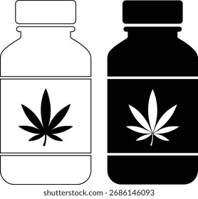 Two silhouette style bottles, one black and one white, each featuring a cannabis leaf symbol, isolated on a white background.