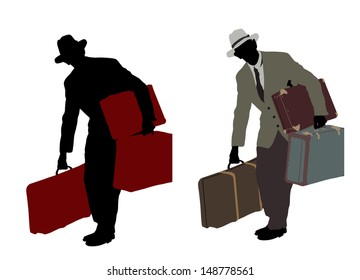 Two silhouette of a traveler carrying suitcases isolated on white background, vector illustration