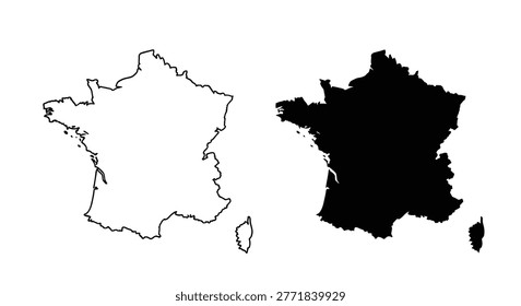 Two silhouette versions of a France map are presented in black and white, with a transparent background. The image showcases the country's outline and shape.