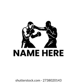 Two silhouetted boxers are depicted in a dynamic fighting pose, one delivering a punch while the other prepares to block or counter, against a clean white background.