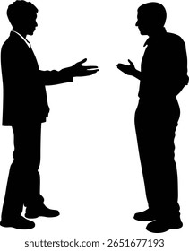 Two silhouetted businessmen face each other, gesturing with their hands. They appear to be in a discussion, possibly negotiating or making a business deal.