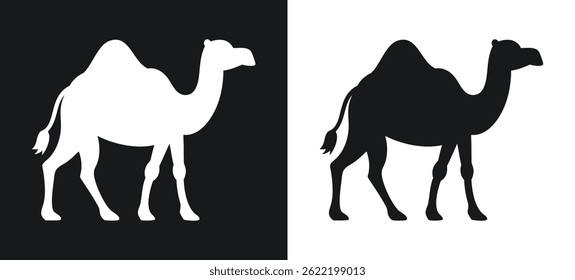 Dois camelos silhuetados um preto e um branco contra contrastantes fundos ilustração vetor