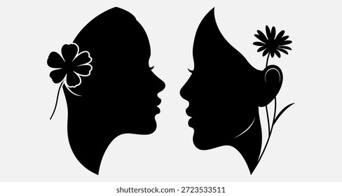 Dois rostos femininos silhuetados de frente um para o outro com flores em seu cabelo