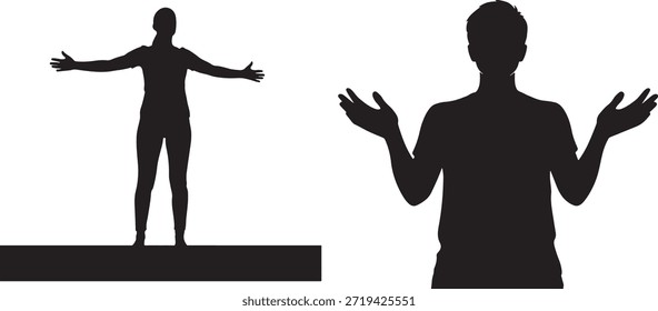 Dos figuras silueteadas sobre un fondo blanco, que capturan gestos dinámicos y un lenguaje corporal expresivo. Ideal para diseños que necesitan un toque de drama o profundidad emocional.